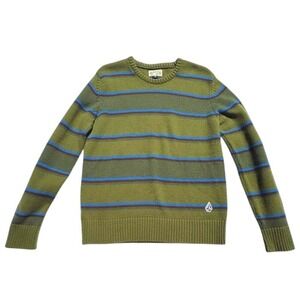 Volcom Striped Knit Embroidered Sweater Crew Neck Olive‎ Green Blue S Y2K Retro